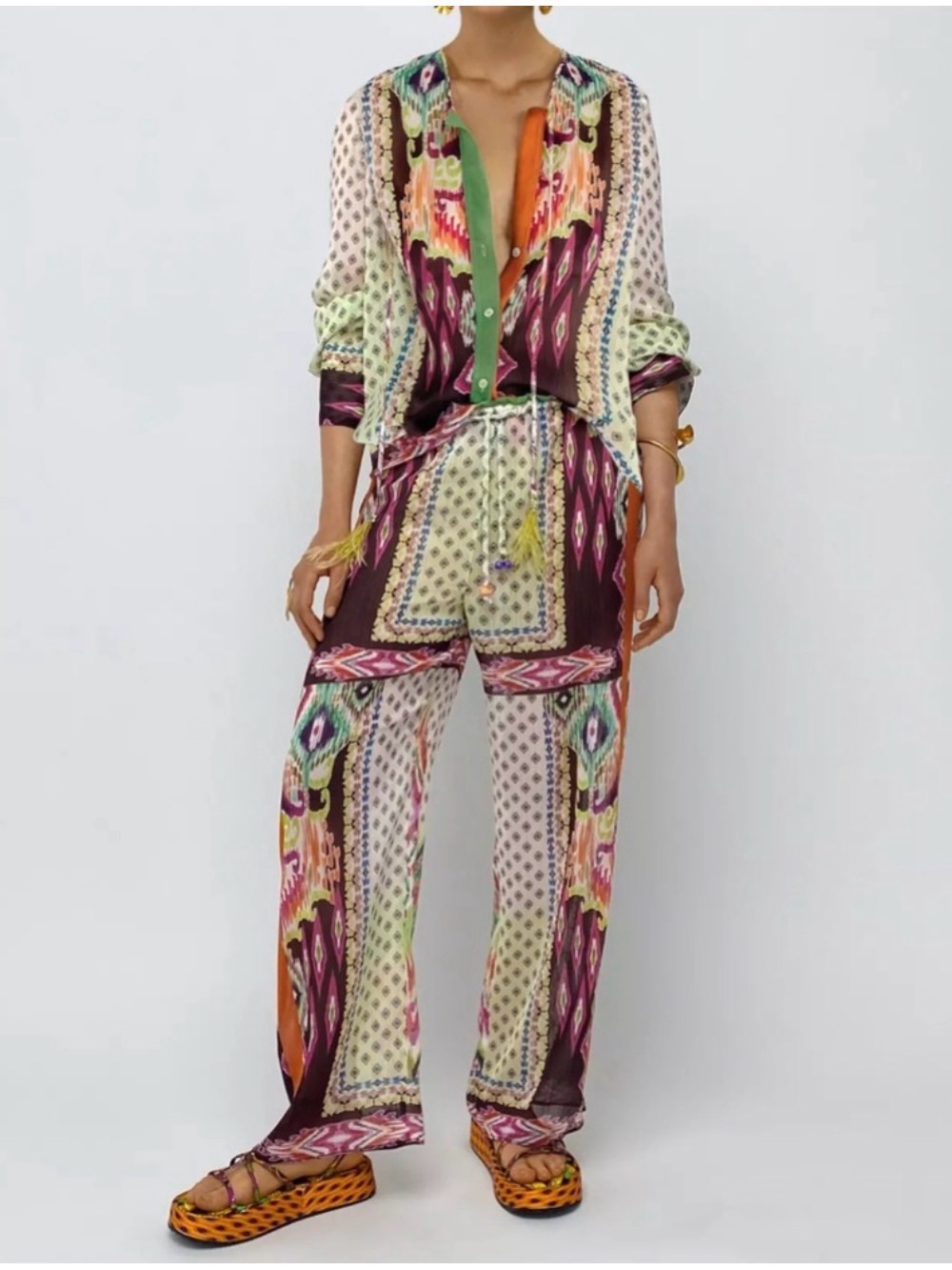 Zara Multicolor Boho Printed Pants Set